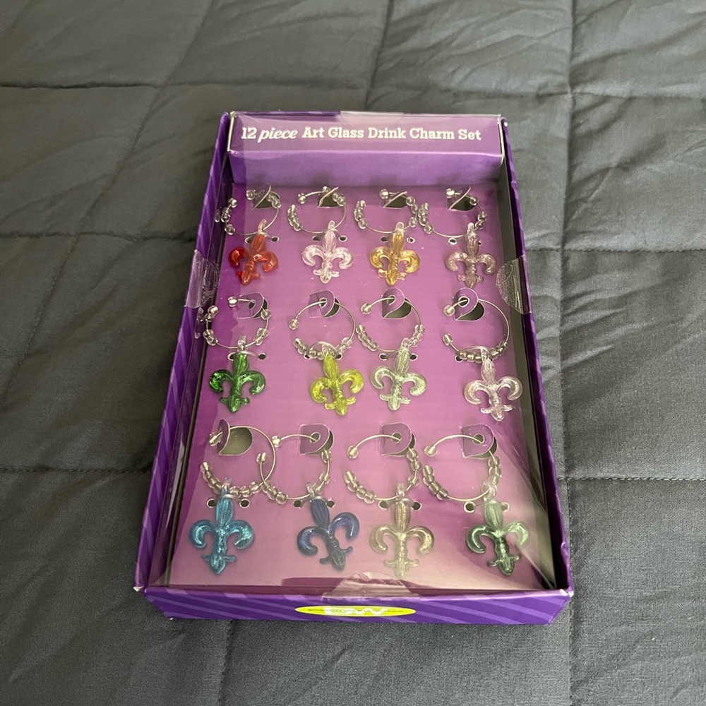 New 12-piece Mardi Gras Glass Drink Charm Set